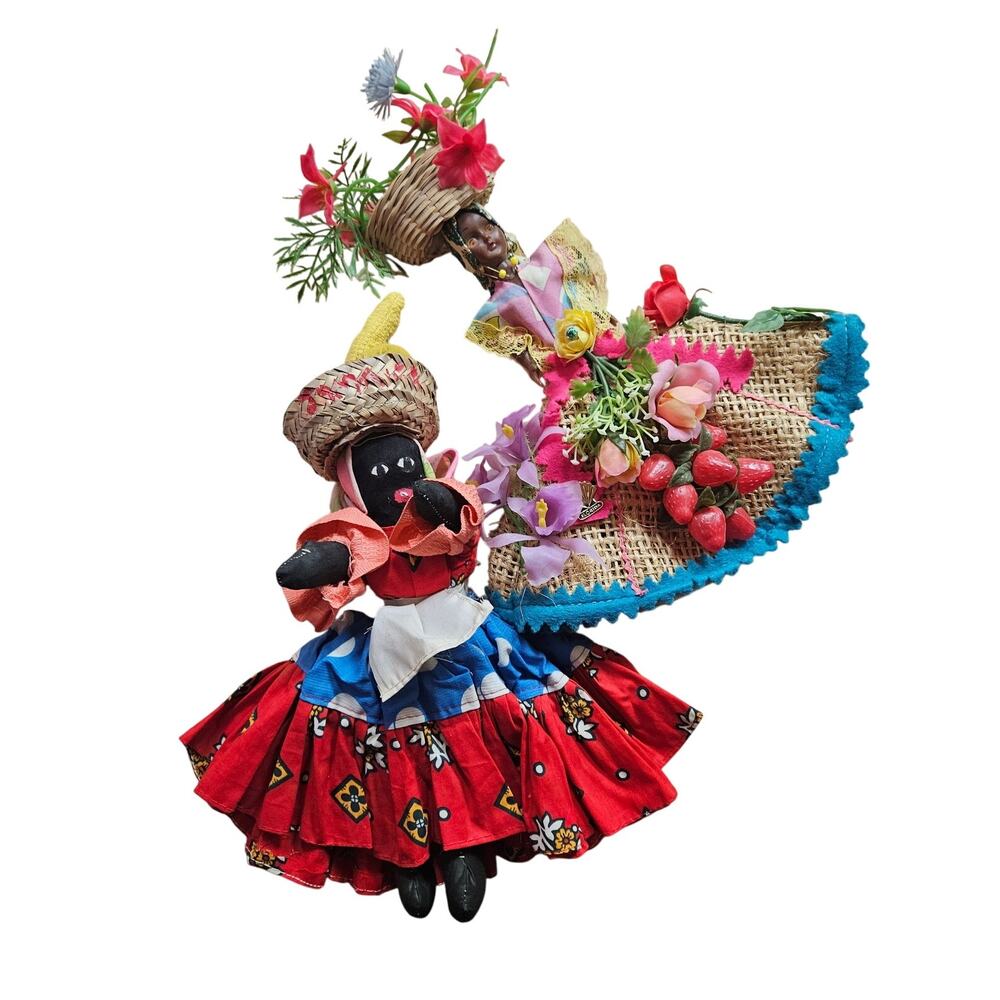 2 Handmade Dolls Jamaican Rag & Tropical Calypso Queen Doll Islands Folk Art